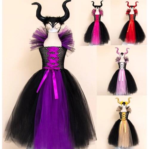 Maleficent Of Evil Queen Tutu Skirt For Girls Dresses With Horns Halloween Witch Costume Cosplay Girls Childrens Carnival Party