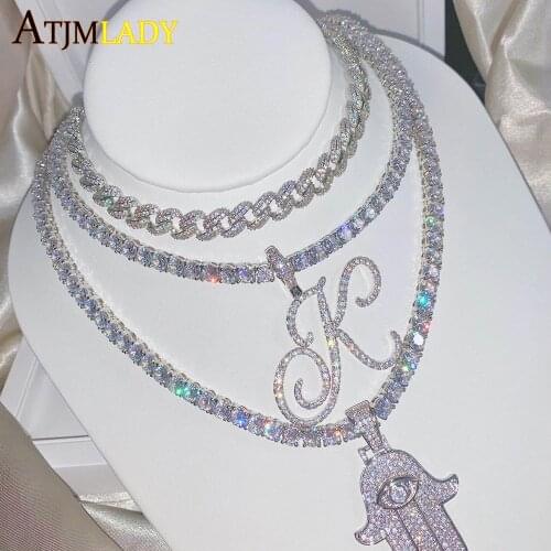 Untique A To Z Cursive Letters Name Pendant Necklace Iced Out Bling 5A Cubic Zircon 26Letters Charm HipHop Rope Chain Jewelry