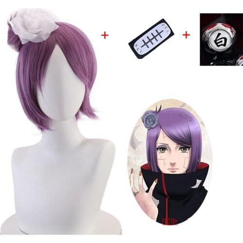 Anime BORUTO Konan Cosplay Purple Wig Hairpin Headband Ring Heat Resistant Hair + Free Wig Cap Halloween Party Role Play Props