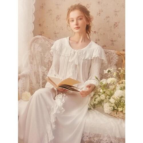 Free Shipping 2020 New Spring Princess Rose Tree Nightdress Womens Long Nightgown 100% Cotton Lace Sleepwear White Nightshirt