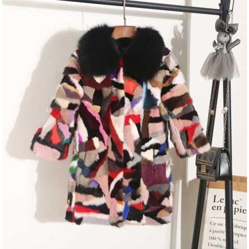 Genuine real natural mink fur coat with fox fur collar womens long fashion multi-color warm winter jacket custom any size