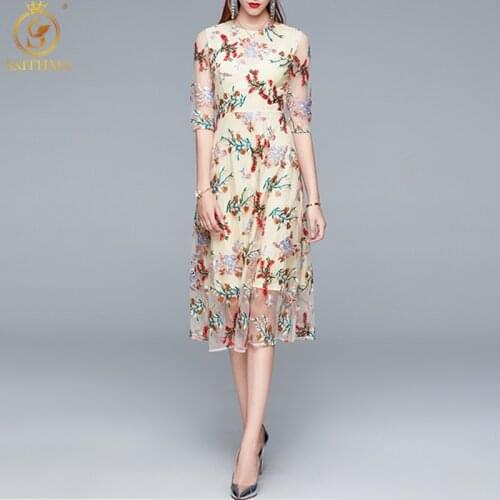 SMTHMA 2021 New Fashion Runway Summer Dress Women Half Sleeve Gorgeous Mesh Flower Embroidery Elegant Party Dresses