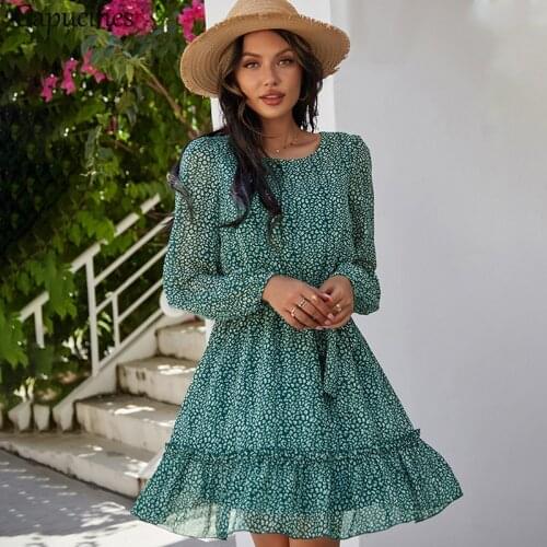 Capucines Womens Boho Ruffles Floral Print Chiffon Dress Spring Summer Long Sleeves O Neck Elastic Waist Casual Short Dresses