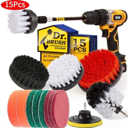 15PcsDrill Brush Power Scrubber Cleaning Brush Extended Long Attachment Set All Purpose Drill Scrub Brushes Kit for Grout Floor