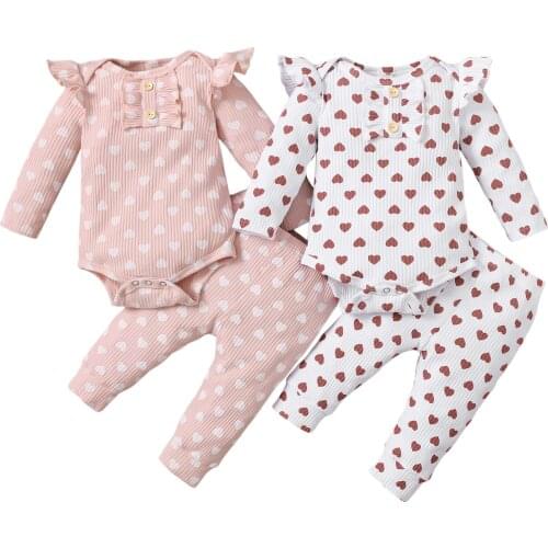 New 2Pcs Baby Outfits, Heart Print Ribbed Ruffled Long Sleeves Romper + Elastic Waist Pants for Toddler Girls, 0-18 Months