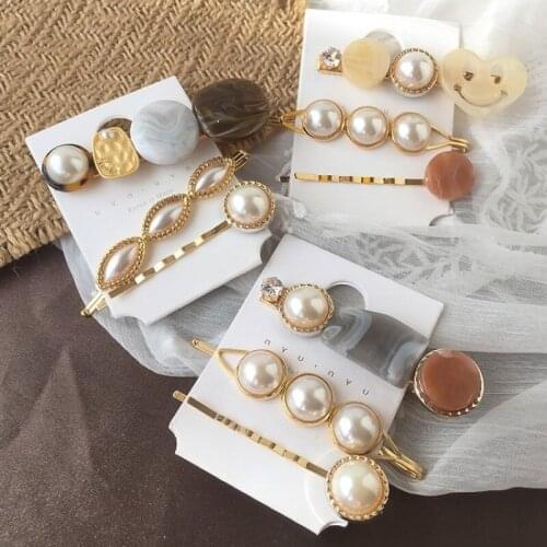 3Pcs/Set Korea Chic Alloy Metal Hair Clips Pearl Hairpins Geometric Heart Barrettes Women Hair Accessories Gold Color Hairgrips