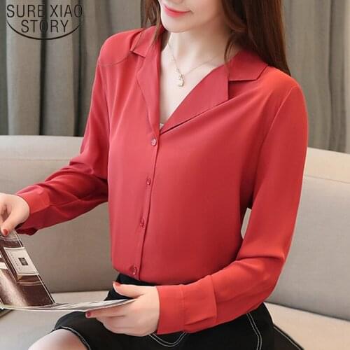 Blusas Mujer De Moda 2021 Autumn New Chiffon Women Blouse Long Sleeve Solid Red V Collar Women Shirts Elegant Women Tops 6776 50