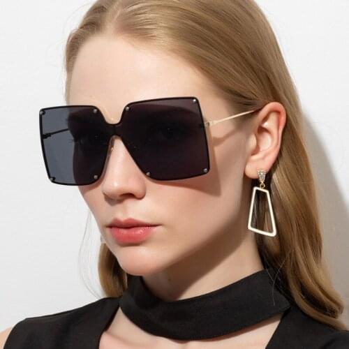 Oversize Rimless Square Sunglasses Women Men 2021 One Piece Retro Brand Design Eyewear Big Shades Oculos Female Black UV400