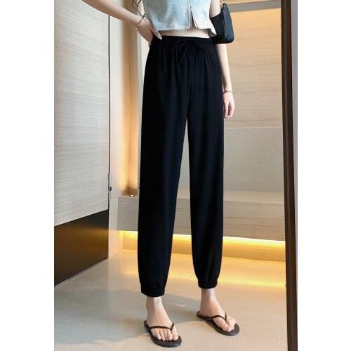 Ice Silk Trousers with Beam Feet Loose Summer Thin Sports Pants Women Straight Nine-point Anti-mosquito Casual Lantern Pants