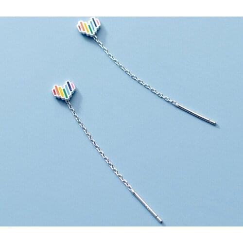 Rainbow Colorful Heart Long Tassel Earrings for Women Girl 925 Sterling Silver Small Ear Line Fine S925 Silver Jewelry