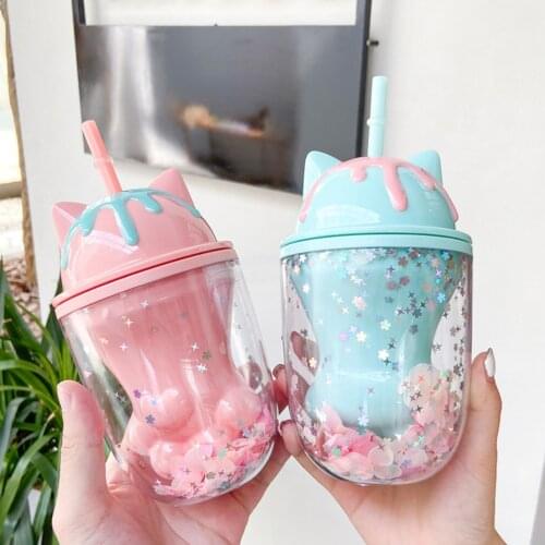 Double Layers Cats Paw Plastic Water Bottle With Straw Korean Sweet style Creative Gift Mug For Milk Coffee Tea Cup