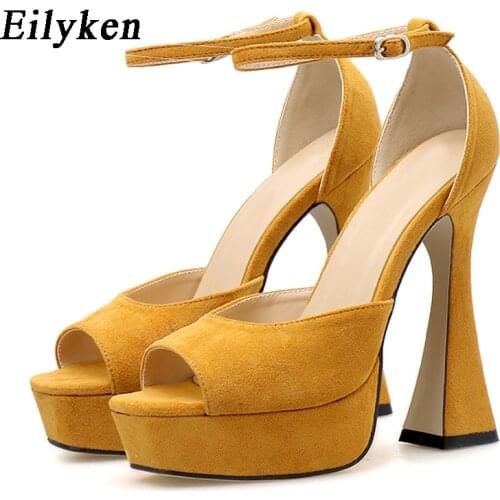Eilyken 2021 Summer Concise Flock Strange Heels Women Sexy Ankle Buckle Strap Platform Shoes New Design Peep Toe Sandal Femme