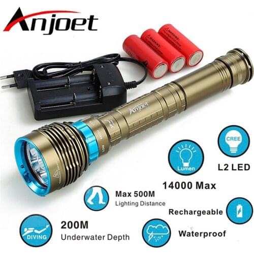 Anjoet 70W 3-Mode 14000LM XM 7x L2 T6 LED Scuba Diving Flashlight Torch 200M Underwater Waterproof Light Lantern 18650 or 26650