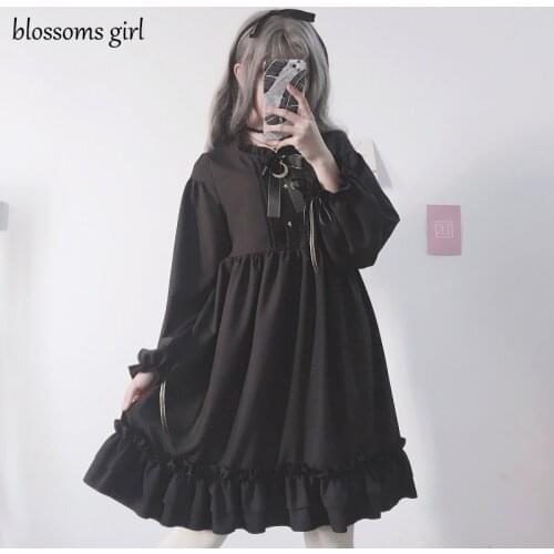 Lixm 2021 Japanese Gothic Summer Chiffon Dress Women Vintage Bow Bandage Ruffle Black Lolita Dresses Vestidos Robe Femme