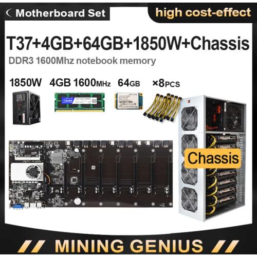 Mining Motherboard BTC-T37 Etherum Mining CPU Set with 4GB DDR3 1600MHz RAM 1850W power supply 64GB mSATASSD Power Cable Chassis