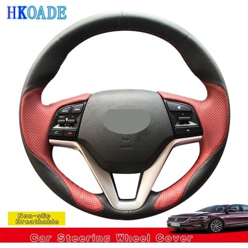 DIY Hand-stitched Black Genuine Leather Car Accessories Steering Wheel Cover For Hyundai Tucson 3 2015 2016 2017 2018 2019