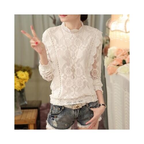 Tunic 2020 Social Autumn Full Sleeve White Lace Chiffon Blouses Pullover Shirts Hollow Out Blusas Femininas Elegant Tops A517
