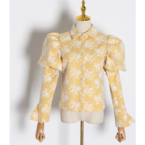 Spring Unique Royal Style Puffy Sleeve Rhinestones Buttons Patchwork Mesh Sleeve Women Blouse Top