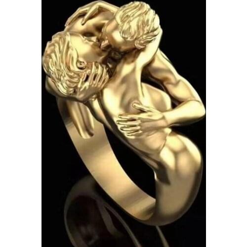 High-quality Fashion Carved Brass Figures Adam and Eve Hug Couple Kiss Sculpture Ring Bohemian Romantic Jewelry Gift