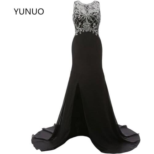 YUNUO New Fashion Sexy Black Real Long Evening Dresses Beading Sequins Custom Robe De Soiree Zipper Formal Party Dresses