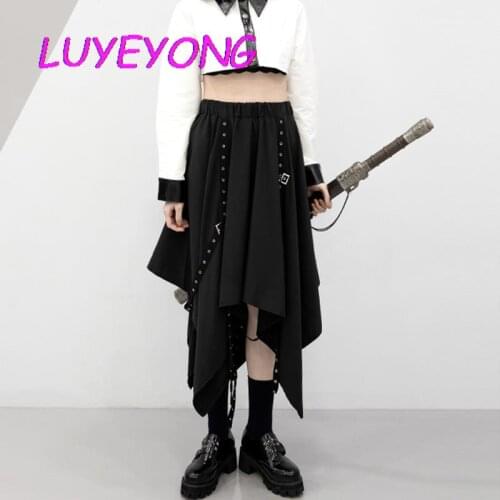 Long Gothic Lady Harajuku Skirt Black Punk Irregular Length Girl Skirt Eyelet Ribbon Buckle Summer Korean Fashion Street Cloth