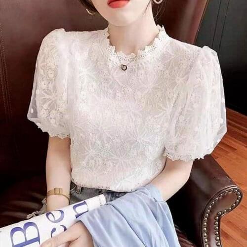Lace Mesh Embroidery Women White T-Shirts Summer New 2021 O-Neck Puff Sleeved Slim Elegant Office Lady Pulls Tops Tees