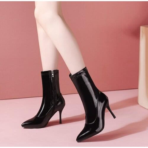 Bright Patent Leather Super High Stiletto Pointed Toe Women Mid-Calf Boots Super Large Sexy Breathable Mid-Calf Boots 2022