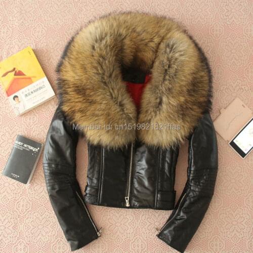 2020Fashion Super Large Raccoon Fur Sheepskin Motorcycle Natural Genuine Leather Clothing Female Coat Warm Jackets