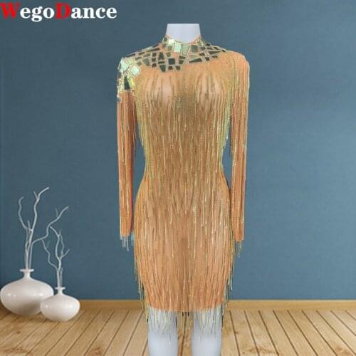 Gold Rhinestones Fringe Transparent Long Sleeves Mirror Dress Women Dancer Birthday