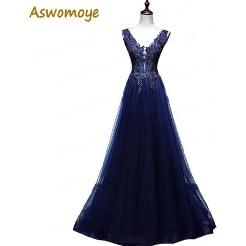 V-Neck Long Evening Dress 2018 New Stylish Party Dresses A Line Sexy Backless Appliques Prom Dress robe de soiree