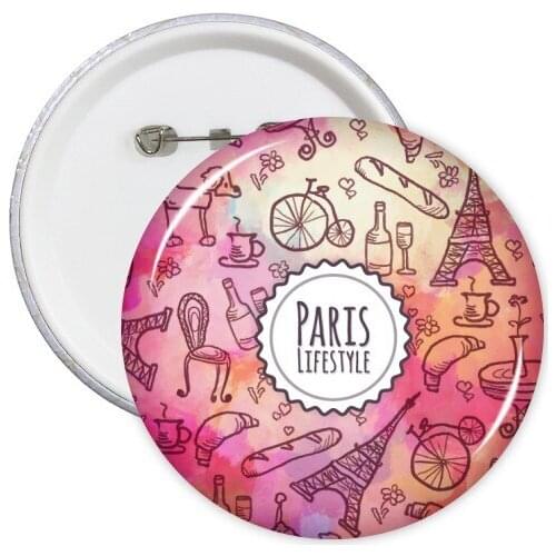 5pcs Pink Life France Mark Landmark National Flag Architecture Custom Landscape Illustration Pattern Round Pin Badge Button