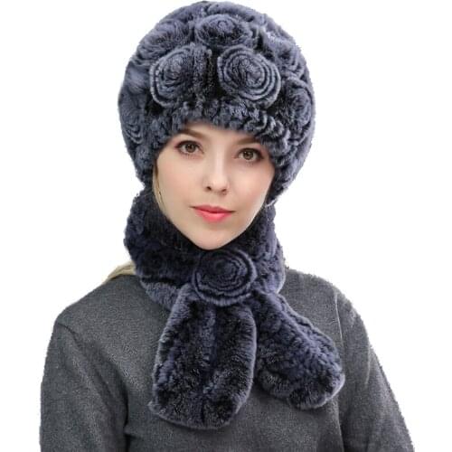 Women Real Rex Rabbit Fur Winter Skullies Beanies Cap Female Hand-Woven Warm Scarf Fluffy Soft Hats For Lady