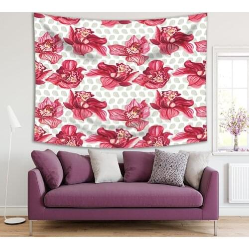 Tapestry Orchid Flowers on Background with Leaves Pattern Floral Classic Watercolor Style Artwork Red Beige White
