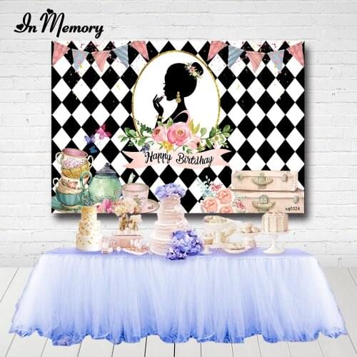 InMemory Exquisite Dress Up Girls Birthday Party Backdrops Black White Buffalo Plaid Flowers Tea Party Backgrounds Custom Poster
