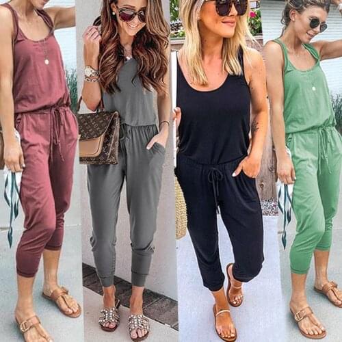 Sleeveless Backless Jumpsuit Sling Lace Up Belts Pockets Women Casual Rompers Female Jumpsuits Summer Playsuit Womens Overalls