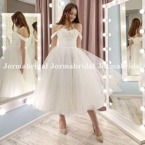 3D Appliqued Flower Short Wedding Dresses Off Shoulder Sweetheart Neckline Tea Length Tulle Bride Wedding Gowns платье халат