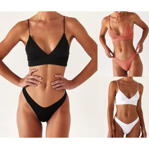 Two Piece Solid Color Swimwear Womens Bikini Set Sexy Bra Panty Swimsuit 2pcs Bathing Suit Swimming Beachwear Vacation