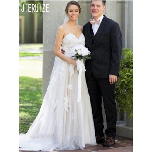 JIERUIZE Summer Beach Tulle Wedding Dress Sweetheart Neck 3D-Floral Appliques Backless Bridal Gowns Flowers vestido de noiva