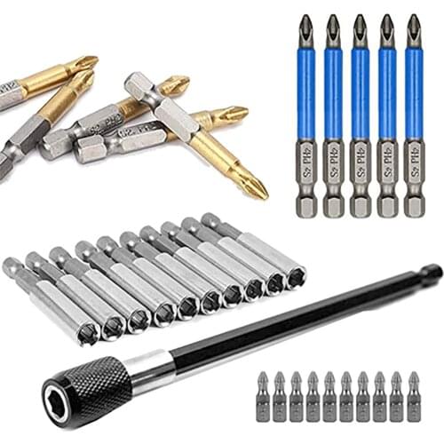 Anti Slip Screwdriver Bits Set PH2 Head 1/4 Hex Shank S2 High Grade Steel with Titanium Coating Holder Extension for Screwdriver
