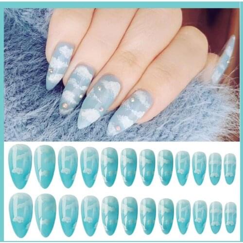 20/24Pcs Fashion Elegant Clear French Stiletto Fake Nails Blue Sky White Cloud Pattern Design Popular Fake False Nails Tips Art