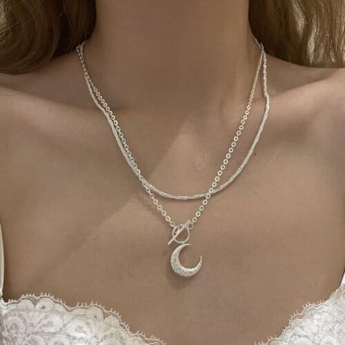 Origin Summer Minimalist Double-Layer Moon Pendant Necklace for Women Girls Silver Color Toggle Clasp Metallic Necklace Jewelry