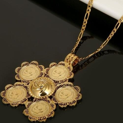 Ethiopian Coin Cross Pendant Necklaces Gold Color Africa Coin Eritrea Chain Jewelry
