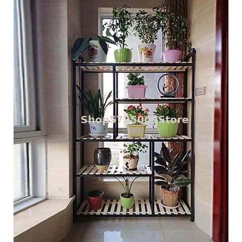 Flower shelf wrought iron multi-layer indoor solid wood balcony living room partition rack flower pot stand floor type home agai