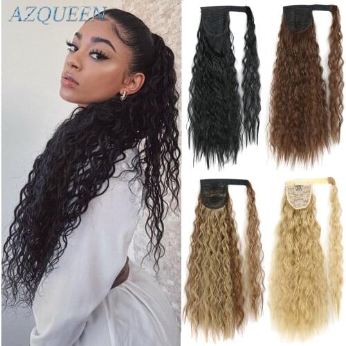 Long Curly Ponytail Wrap Around Ponytail Clip in Hair Extensions Natural Hairpiece Headwear Synthetic Hair Brown Gray