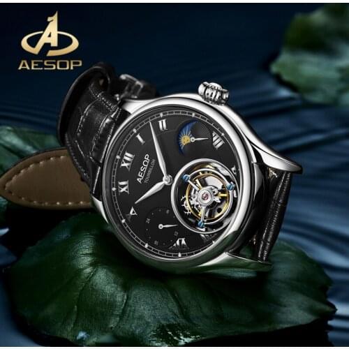 AESOP Black Genuine Leather Starp Waterproof Watch 100%Real Tourbillon Mechanical Mens Watch Moon Phase Multifunction Men Watch