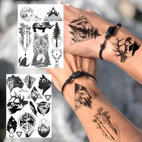 Universe Black Waterproof Temporary Tattoos For Boys Men Wolf Triangle Fake Tattoo Mountain Tree Body Hands Elk Realistic Sheets