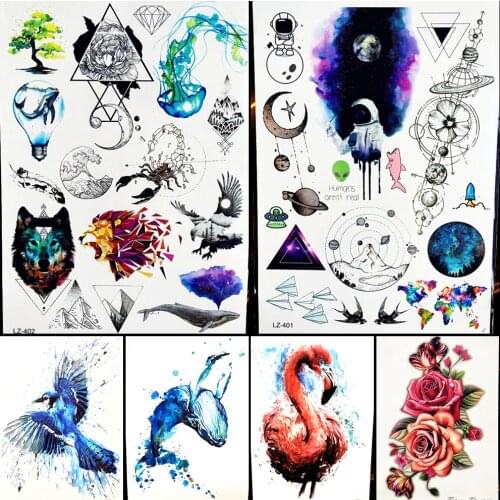 Marine Animal Temporary Tattoo Sticker Colorful Triangle Hill Geometric Lion Water Trasfer Tattoo Body Art Diamond FLower Whale