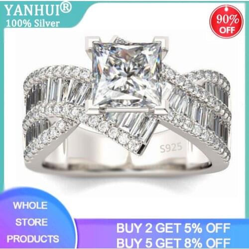 YANHUI Silver 925 Rings Woman Wedding Party Fashion Charming Top Crystal Zircon Finger Ring Luxury Brand Jewelry JZ080