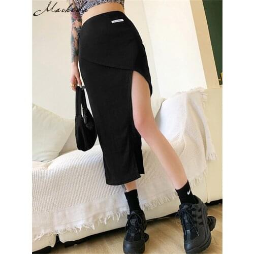 Macheda Summer Black Asymmetrical Skirt Women Fashion Sexy Wrap Over Calf Length Skirt Lady High Waist Street Casual Slim Skirts