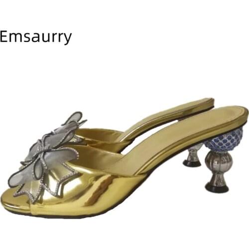 Jeweled Air Mesh Butterfly-knot Banquet Shoes Woman Metal Diamond Strange Heel Sexy Open Toe Rhinestone Women Sandals